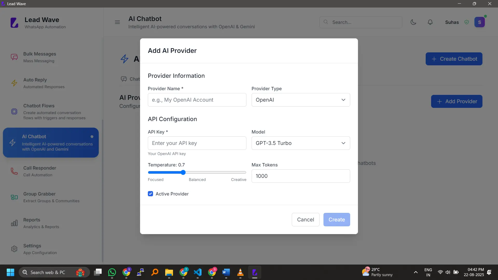 AI-Powered Chatbot Integration – Connect OpenAI or Gemini, configure models, and launch intelligent WhatsApp conversations in minutes.