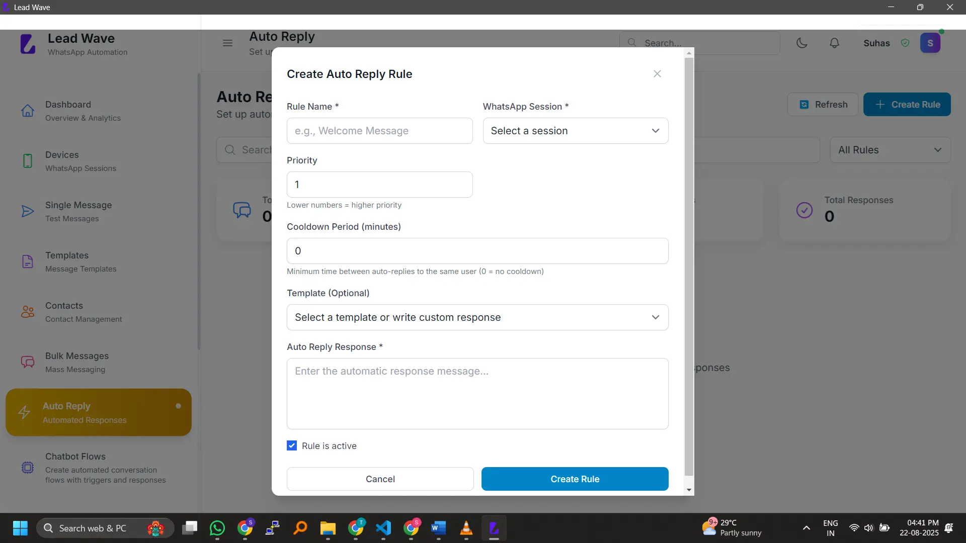 Smart Auto Reply Rules – Automatically respond to messages with priority control, cooldown settings, and custom templates.