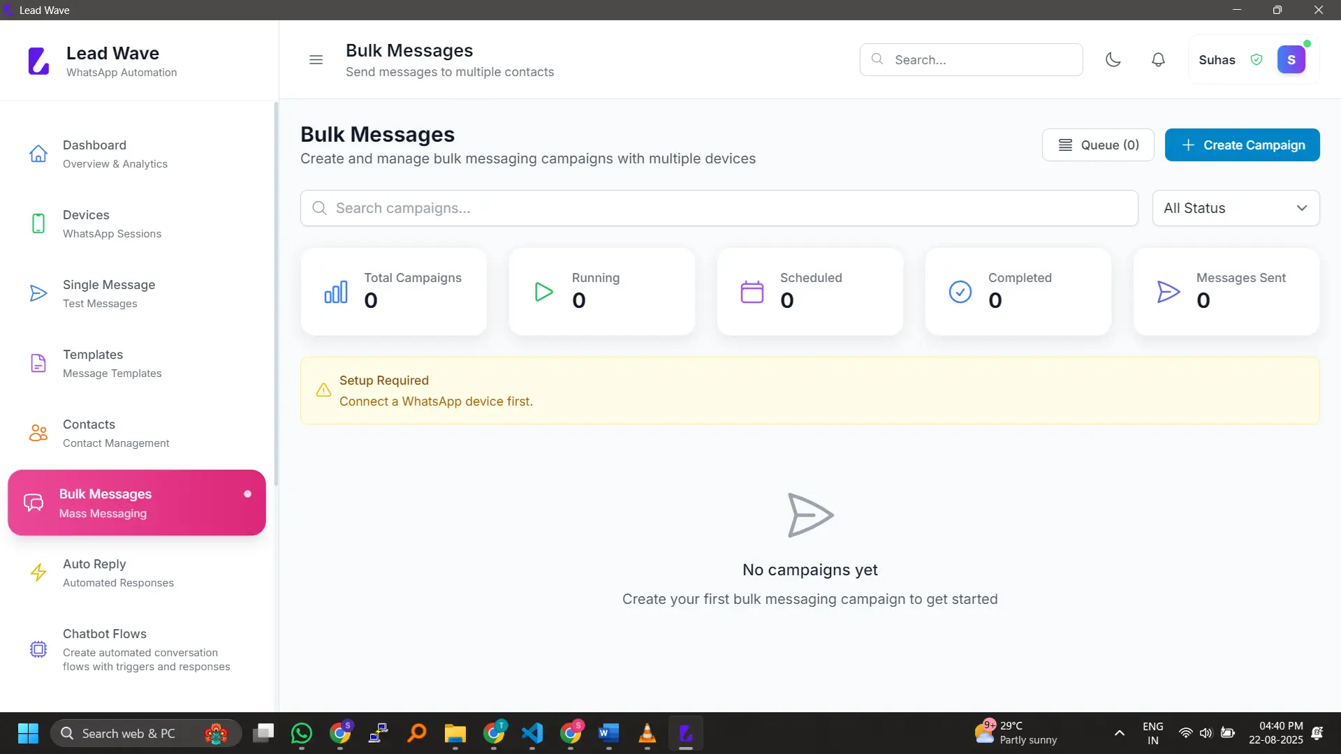 Bulk Campaign Manager – Create, schedule, and track personalized WhatsApp campaigns across multiple devices.