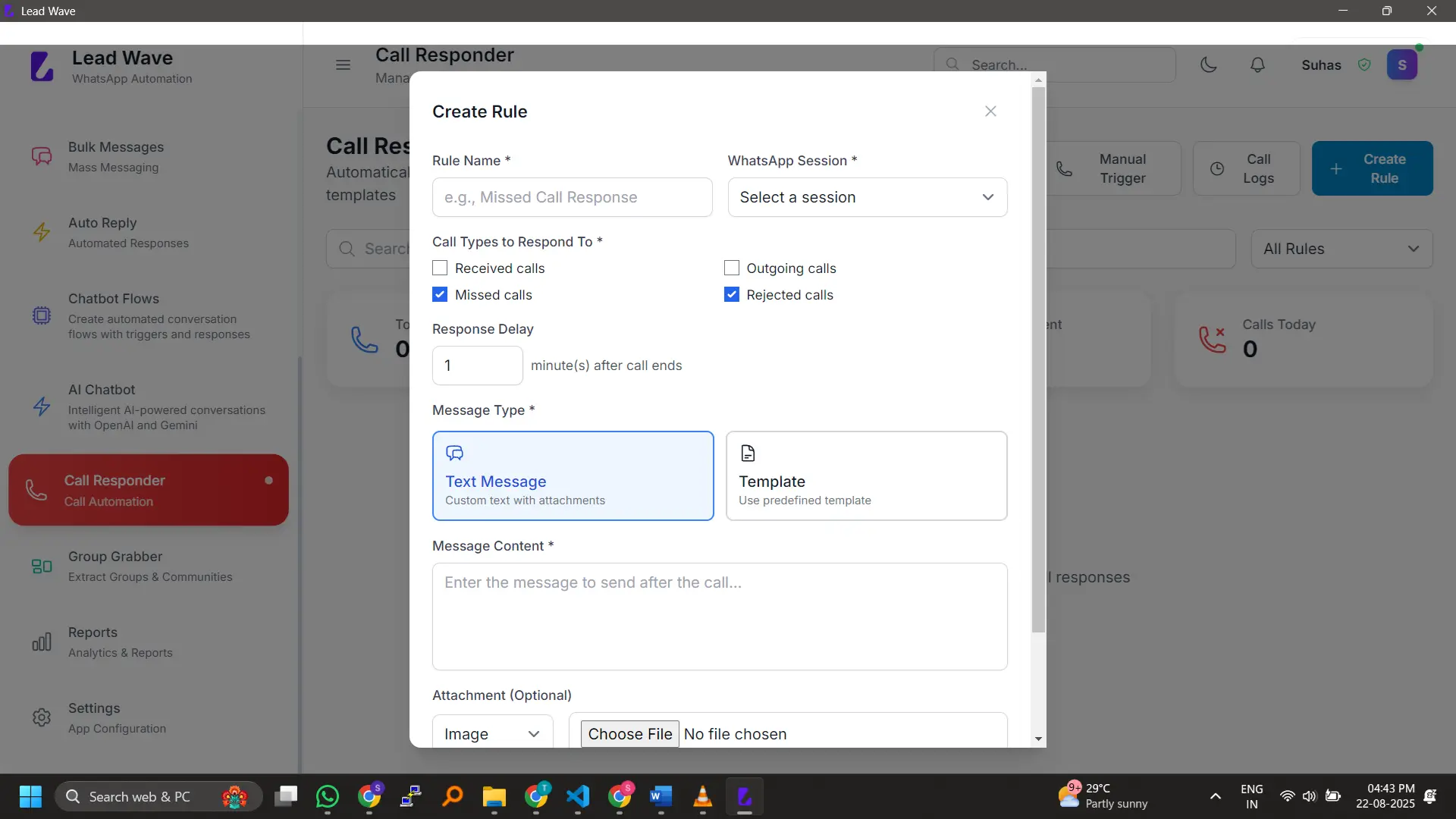 Automated Call Responder – Instantly send follow-up messages after missed, rejected, or received calls.