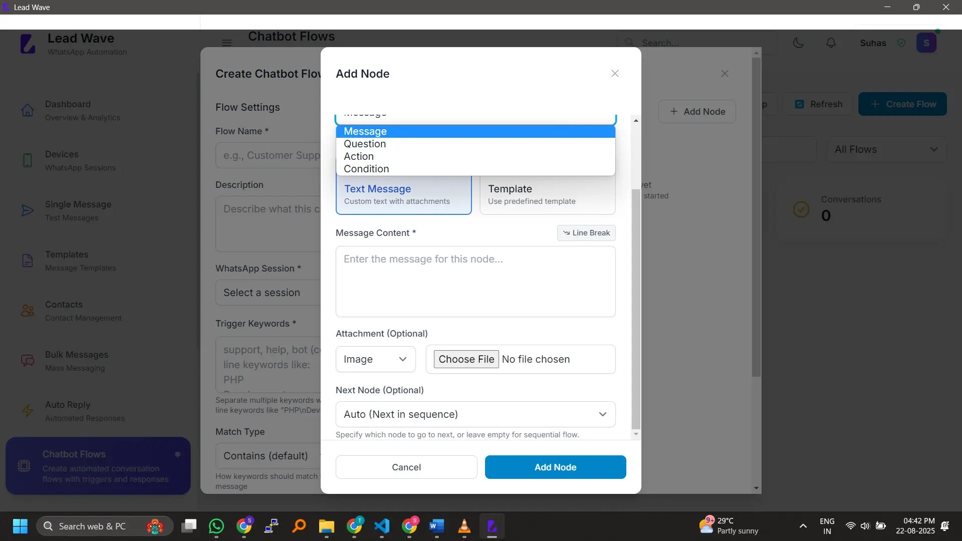 Visual Chatbot Builder – Add message, question, action, and condition nodes to design smart conversation flows.